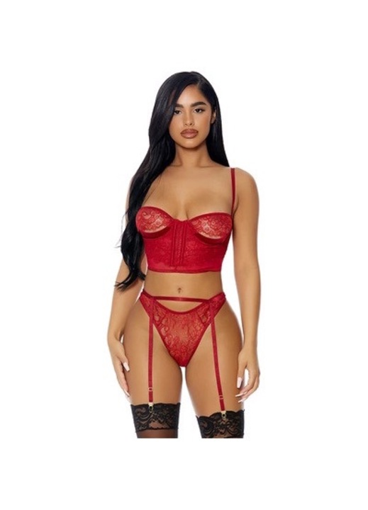 Set lenjerie sexy ForPlay, dantela, decupaje peek-a-boo, rosu