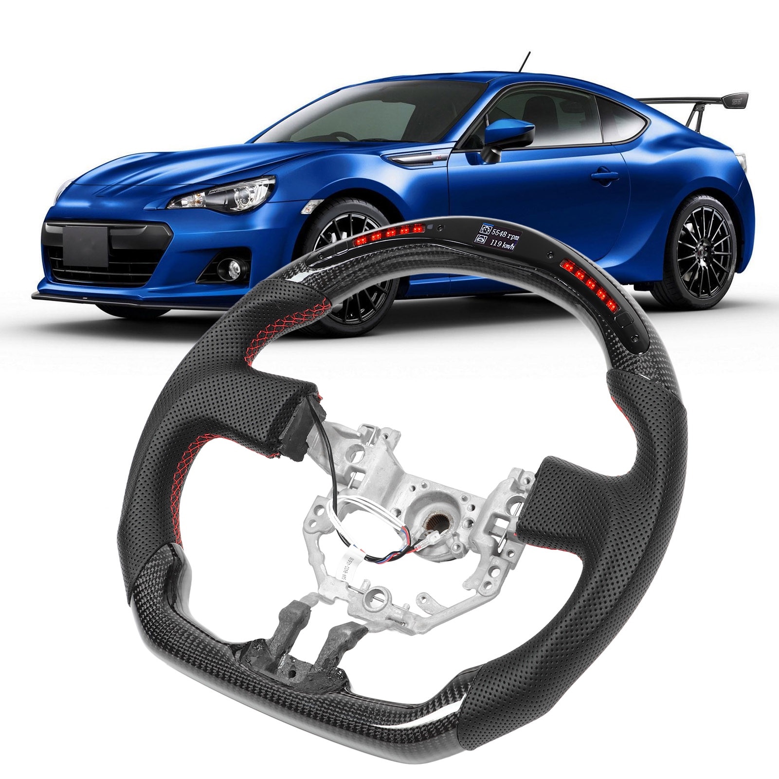Volan de curse cu LED-uri, Mmgoqqt, carbon, piele perforata, 12V
