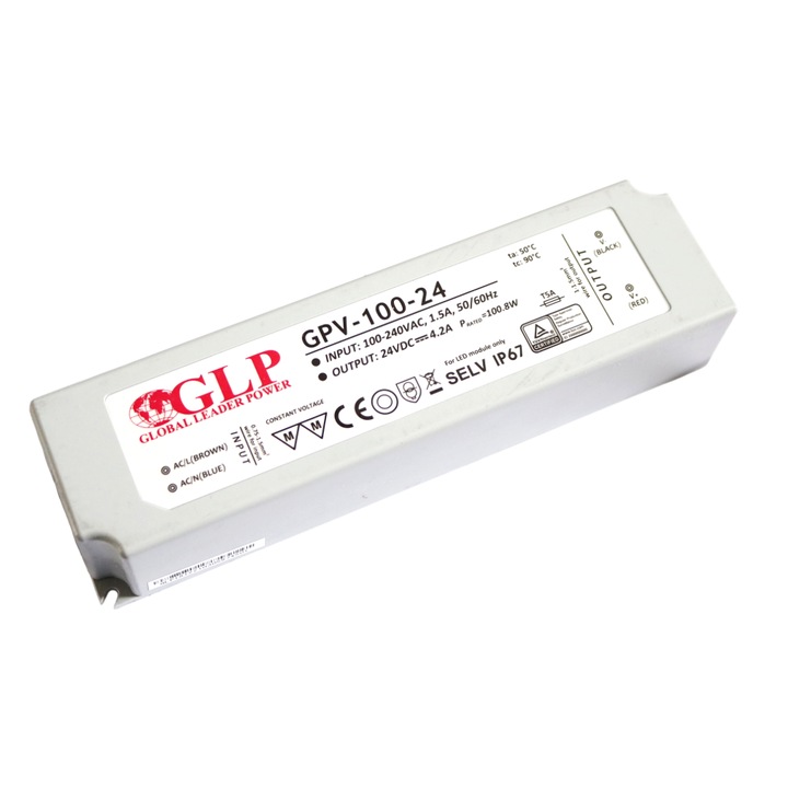 Sursa alimentare LED GLP, 100 W, IP67, 190 x 52 x 37 mm, alb