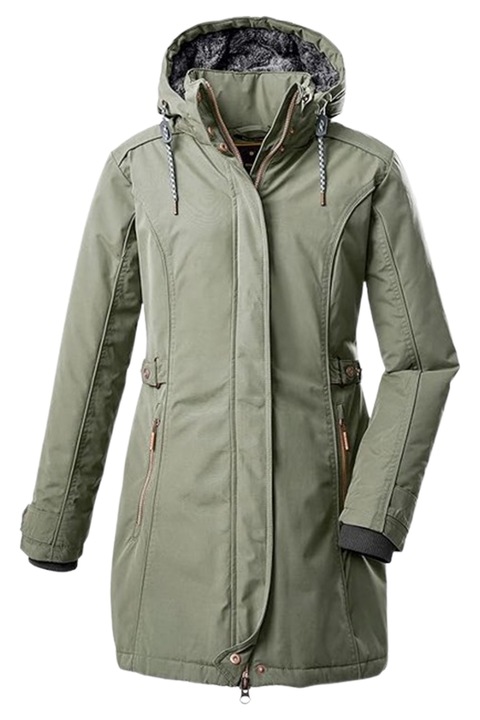 Női parka kabát, GIGA DX by killtec 3985615, 8000 mm-es vízoszlop, vízlepergető, szélálló, levehető kapucni, M/38 EU, olajzöld
