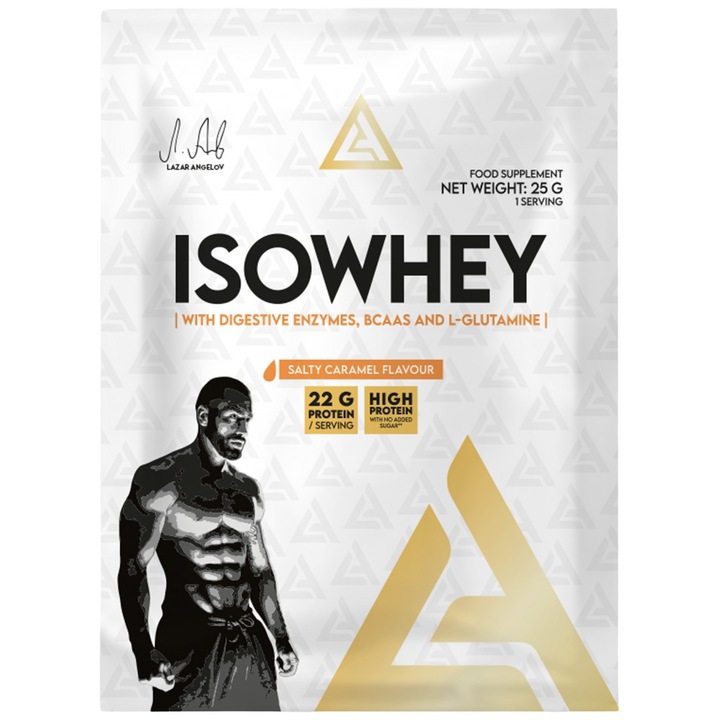 Хранителна добавка Lazar Angelov Nutrition IsoWhey Whey Protein Isolate with Digestive Enzymes, BCAA and Glutamine, Солен карамел, 25 грама