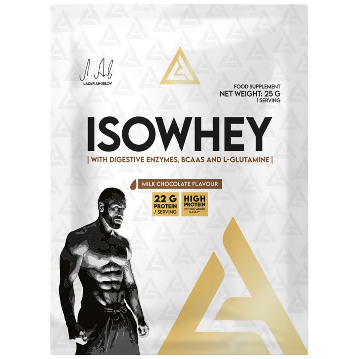Хранителна добавка Lazar Angelov Nutrition IsoWhey Whey Protein Isolate with Digestive Enzymes, BCAA and Glutamine, Шоколад, 25 грама