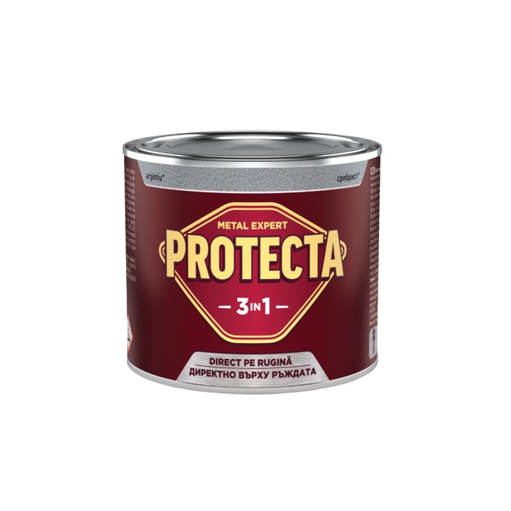 Боя за метал 3в1 Protecta, За черни метали, Преобразува ръжда, Едновременно грунд и декоративно покритие, Може да се нанася директно върху ръждата, Гланц покритие, 0.5Л, Сребрист