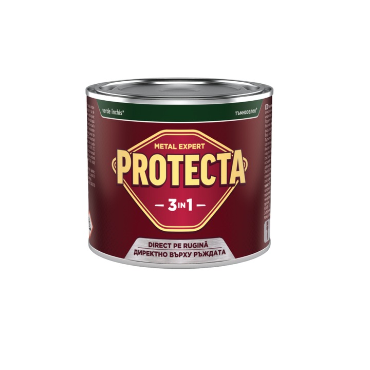 Боя за метал 3в1 Protecta, За черни метали, Преобразува ръжда, Едновременно грунд и декоративно покритие, Може да се нанася директно върху ръждата, Гланц покритие, 0.5Л, Тъмнозелен
