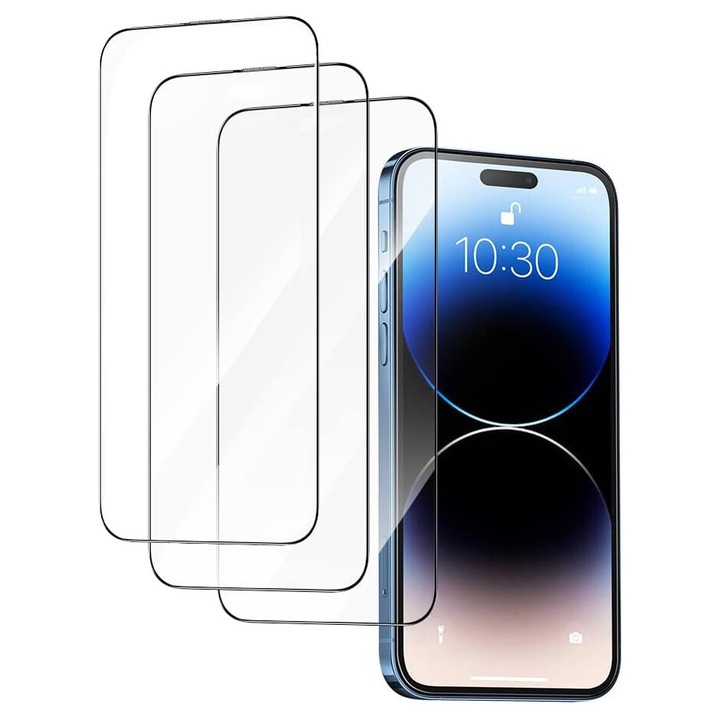 3 db iPhone 16 Plus / iPhone 15 Plus készülékkel kompatibilis üvegfólia készlet, Ultra HD, Professzionális 3D képernyővédelem, telefonvédelem, Secure Glass, Katonai keménység, Ultra HD, Karcolásgátló, Ütésgátló, Fekete élek