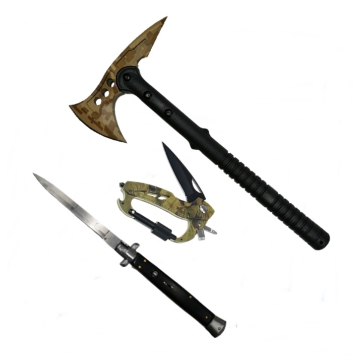 Комплект включващ брадва, многофункционална карабина, ловен нож, Depox, стомана