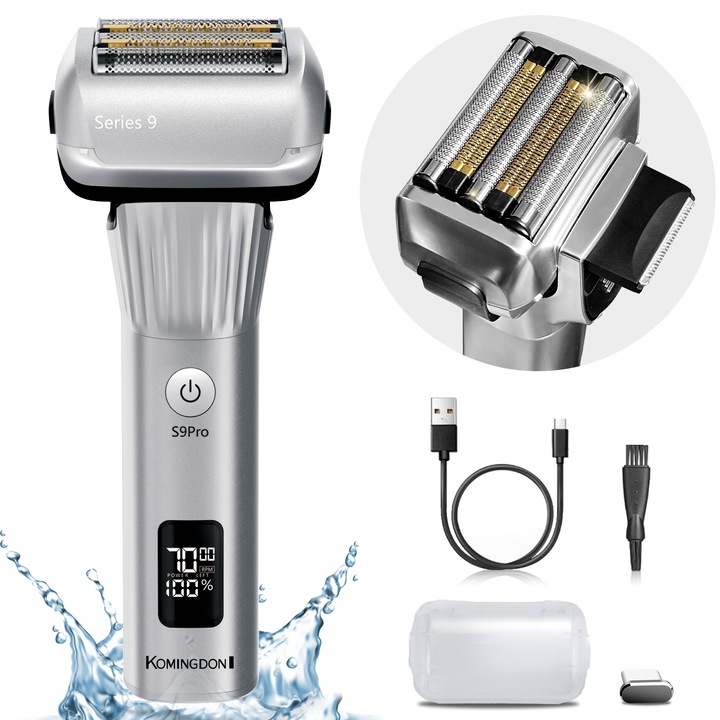 Aparat de ras electric, KOMINGDON, waterproof, 5 lame, trimmer pentru tample, 6500/7000 rmp, 100 minute autonomie, Wet & Dry, ecran electronic, capac de protectie, blocare pentru calatorie, argintiu