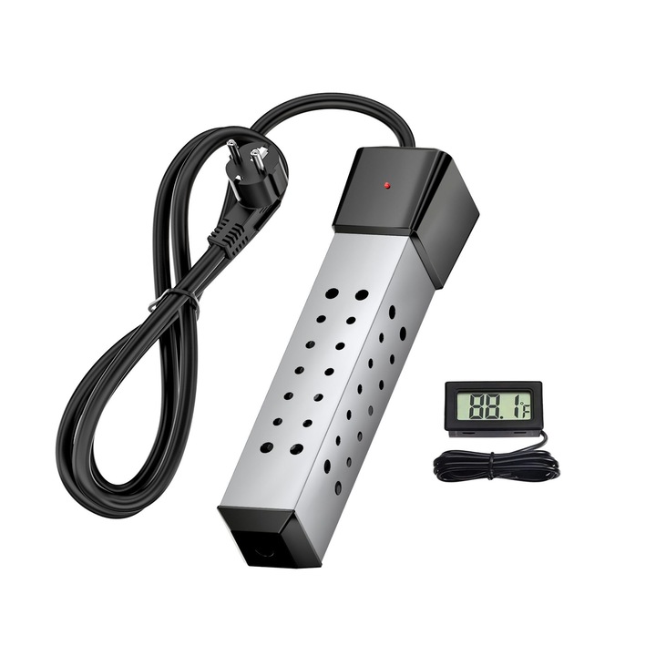 Incalzitor electric pentru piscina, JENUOS®, metal inox, termometru LCD, portabil, pentru camping, calatorii, indepartarea zapezii auto, spalarea de iarna, 2500W, Negru