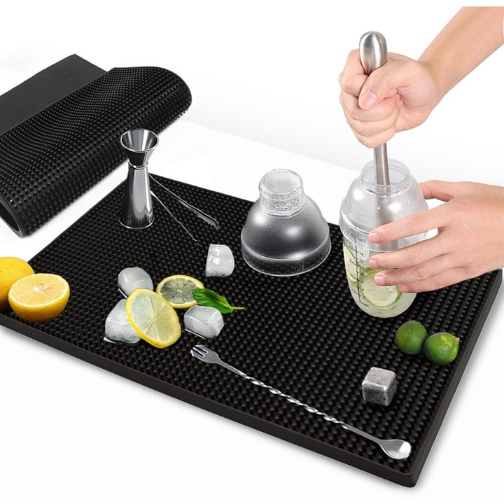 Covoras Cauciuc pentru Bar, BYONDSELF®, 8mm, 30x45cm, pentru Pahare si Shaker de Cocktail, PVC, Usor de Curatat, Antiderapanta, Pentru Cafenele, Baruri si Restaurante, Negru