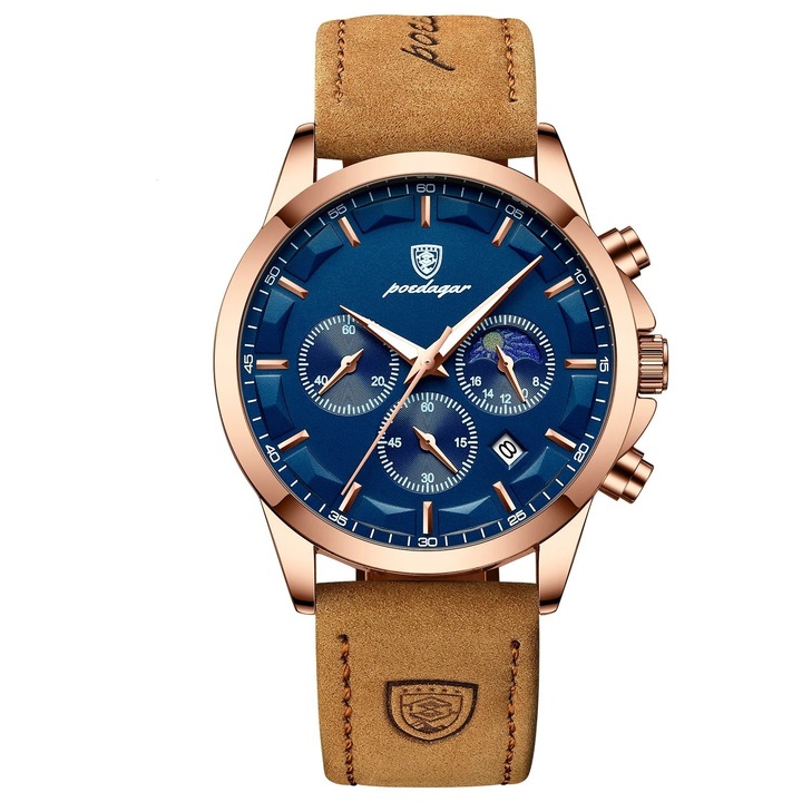 Мъжки часовник Poedagar Quartz Luminous Hands Leather Analog Business Brown