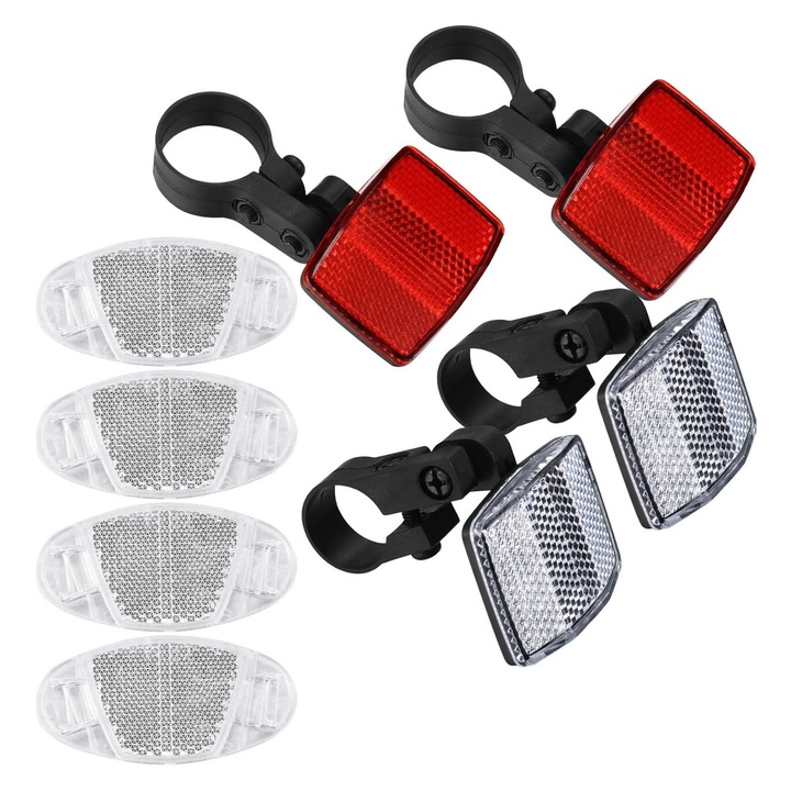 Set catadioptri reflectorizanti bicicleta fata-spate, SINBINTA, 8 buc, Lampa, Rezistenta la apa, Usor de utilizat si asortat, Nu se decoloreaza, Universal, Pentru incepatori, Plastic, 5.5x4 cm, Alb/Rosu/Negru