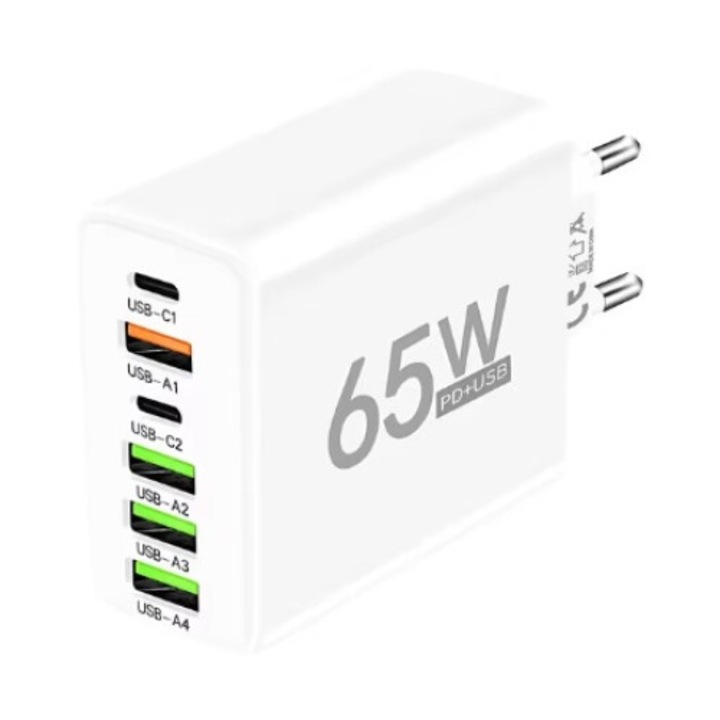 Мрежово зарядно, 6 порта, 65W бързо зареждане, 4 x USB, 2 x Type-C, универсален мултипорт, съвместим с различни модели телефони/таблети/часовници iPhone, Huawei, Samsung, Xiaomi, бял