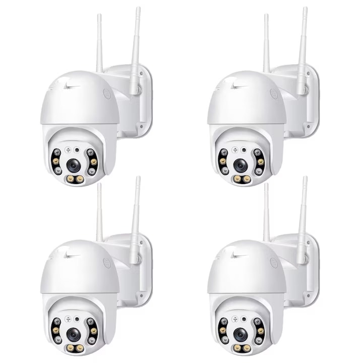 4 db WIFI DARI 4MP megfigyelő kamera készlet, YCC365 Plus alkalmazás, kártyafoglalat/felhőtárhely, mozgásérzékelő követéssel, riasztó, vaku, mikrofon kommunikációhoz, forgás, beltéri/kültéri HD LED 2 antenna, eső- és fagyálló, fehér