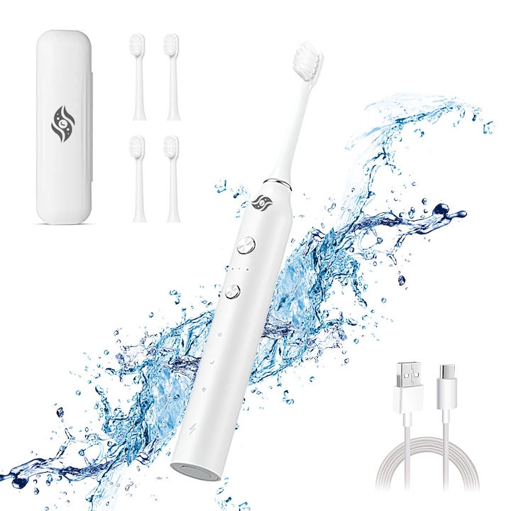 Сонична четка за зъби, JFlow, Преносима, Водоустойчива, Превъзходно почистване, 3 режима, До 200 дни употреба, Функция за запаметяване, Интелигентен таймер, Usb-c, 4 глави, Цвят бял