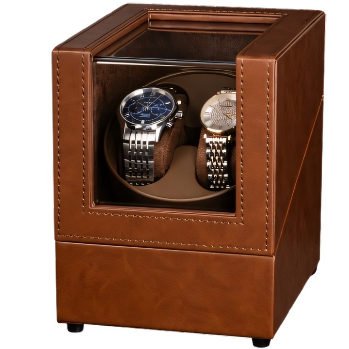 Cutie intors ceasuri, Luxury 2, Rotator pentru 2 Ceasuri Automatice, Exterior din piele, Maro