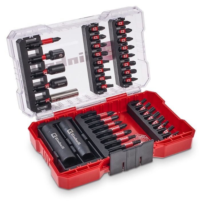 Set 39 biti impact si tubulare Einhell M-CASE, biti de 25 mm, biti de 50 mm, tubulare hexagonale, suport pentru biti de 60 mm cu cutie de depozitare