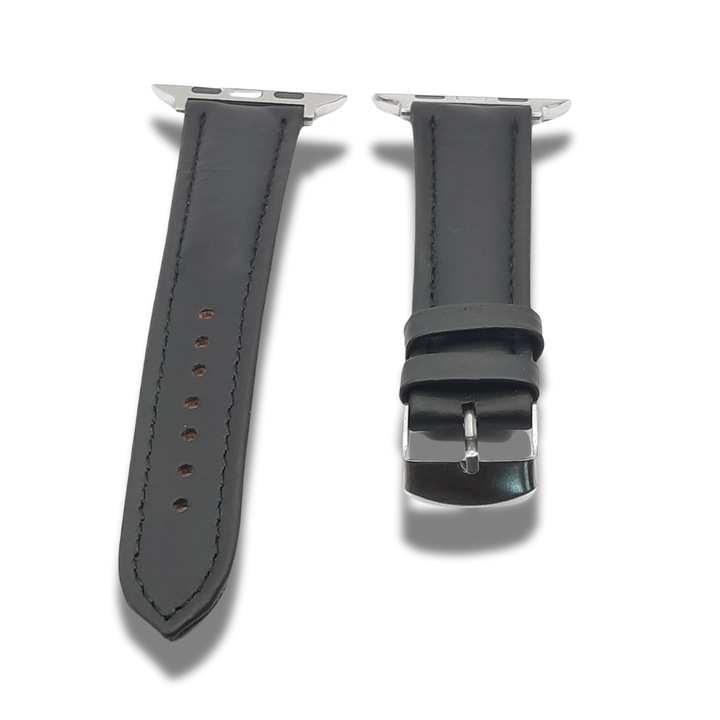 Curea din piele naturala handmade Tomaio pentru Apple Watch – Negru pentru curea ceas de 20 - 22 mm pentru Apple Watch 38-40-41 mm, argintiu