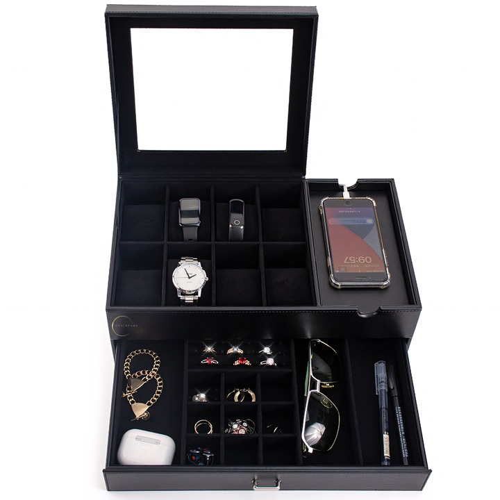 Cutie pentru ceasuri, Exterior din Fibra de Carbon si Piele Ecologica, Geam transparent din Acril, 35x21x14cm, Negru
