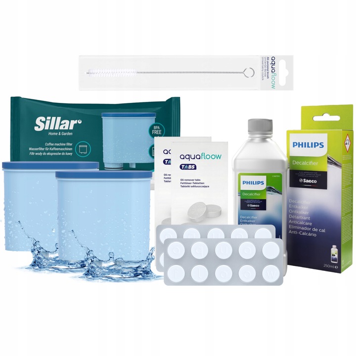 Kit pentru aparat de cafea Saeco Philips filtru, decalcificator, tablete de curatare, perie curatat