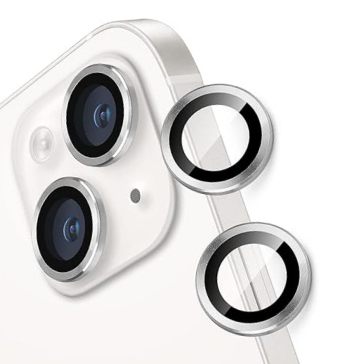 Set folii protectie camera, pentru iPhone 13, durabil, rezistent la zgarieturi, rezistent la apa, rezistent la ulei, usor de instalat, elegant, Silver