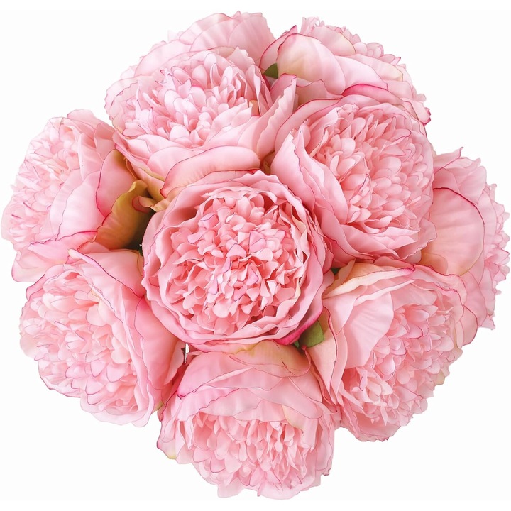 Set 10 flori artificiale, Plastic, Model bujori, 32x10 cm, Roz inchis