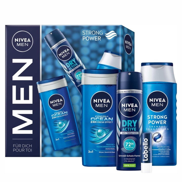 Nivea Men csomag, Strong Power kollekció, sampon 250 ml, tusfürdő 250 ml, dezodor 150 ml és ajakbalzsam 5,5 ml