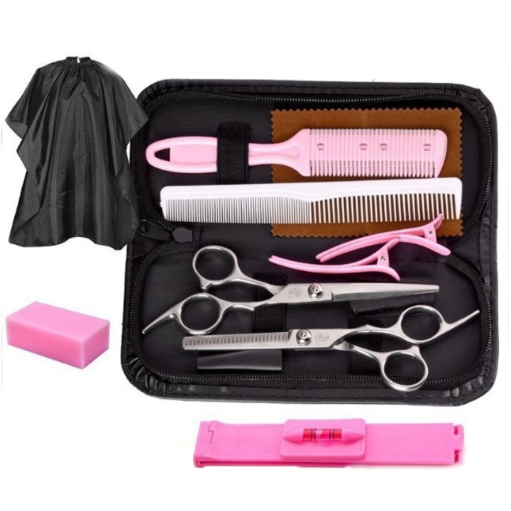 Set foarfeci de tuns, 11 piese, argintiu si roz/negru, cu accesorii pentru salon sau uz casnic