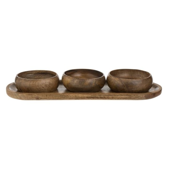 Platou cu 3 boluri pentru servire aperitive, lemn,, 36x13x2cm