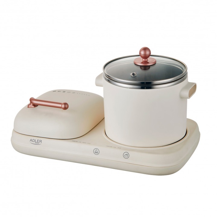 Oala Cu Capac Si Gratar, Adler, Ad6421, Putere 1100/1320 W, Sticla, Strat Antiaderent Pentru Gratar, 2 Niveluri De Putere, 30 x 11 cm, Crema