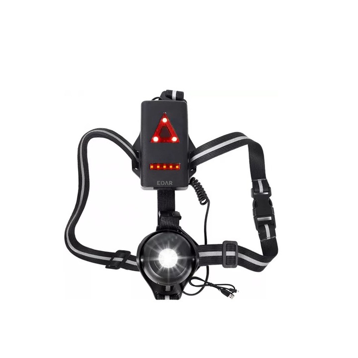 EDAR LED фенер за бягане, с еластични ленти, 1800 mAh, LED, 180 лумена, 2 режима на светене, включен USB, черен