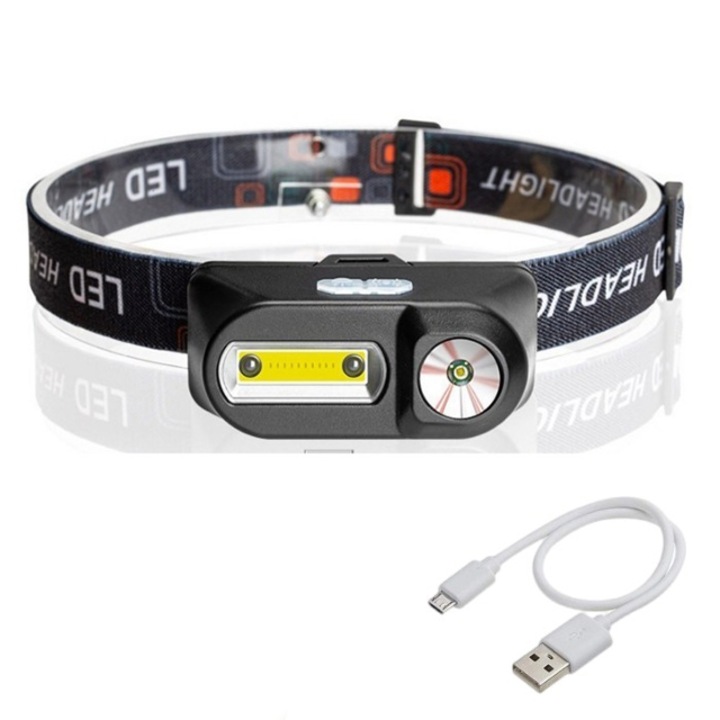 Lanterna frontala USB reincarcabila, impermeabila, 4 moduri de iluminare, neagra