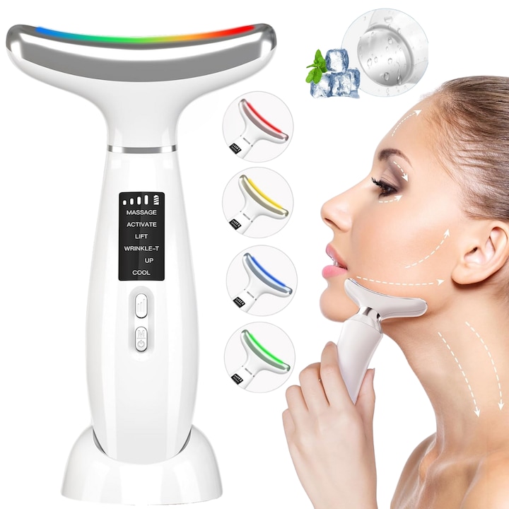 Професионален уред за третиране на лице и подмладяване на кожата 6 в 1, Dasbo. Уред за премахване на бръчки и грижа за зоната на шията, Лифтинг, 6 режима - против бръчки, масаж на лице, стимулация, затопляне и охлаждане, 4 режима на LED осветление