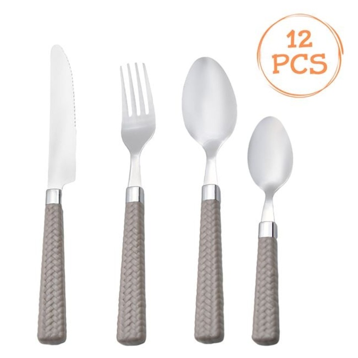 Set tacamuri, maner bej impletit, otel inoxidabil - 12buc