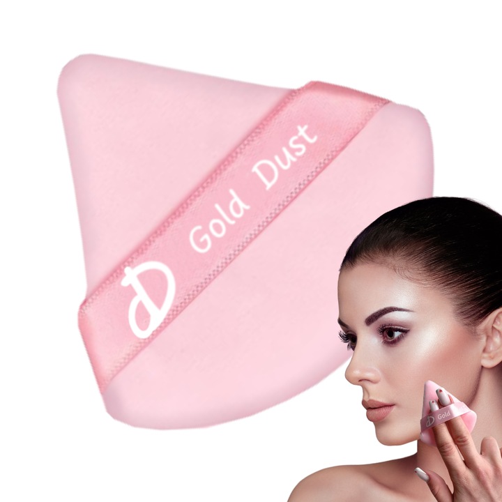 Burete de Machiaj Triunghi Reutilizabil Utilizare Uscata, Powder Puff, buretei pentru make-up, Buretel pentru Pudra, Triunghiular, Gold Dust, roz deschis