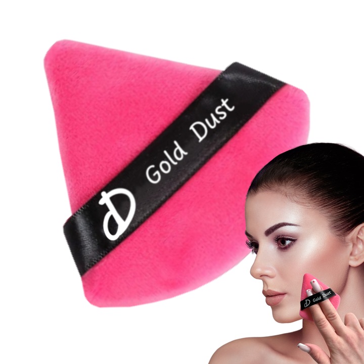 Burete de Machiaj Triunghi Reutilizabil Utilizare Uscata, Powder Puff, buretei pentru make-up, Buretel pentru Pudra, Triunghiular, Gold Dust, Roz inchis