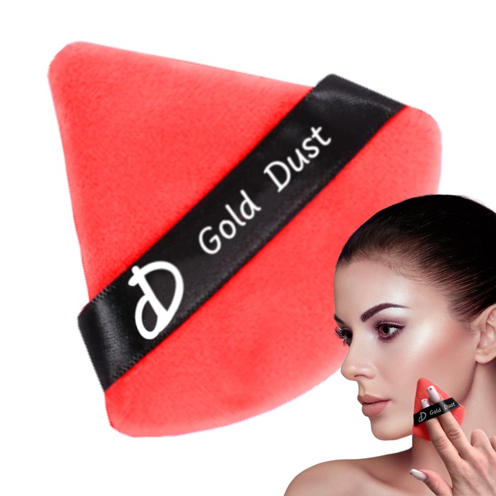 Burete de Machiaj Triunghi Reutilizabil Utilizare Uscata, Powder Puff, buretei pentru make-up, Buretel pentru Pudra, Triunghiular, Gold Dust, Rosu