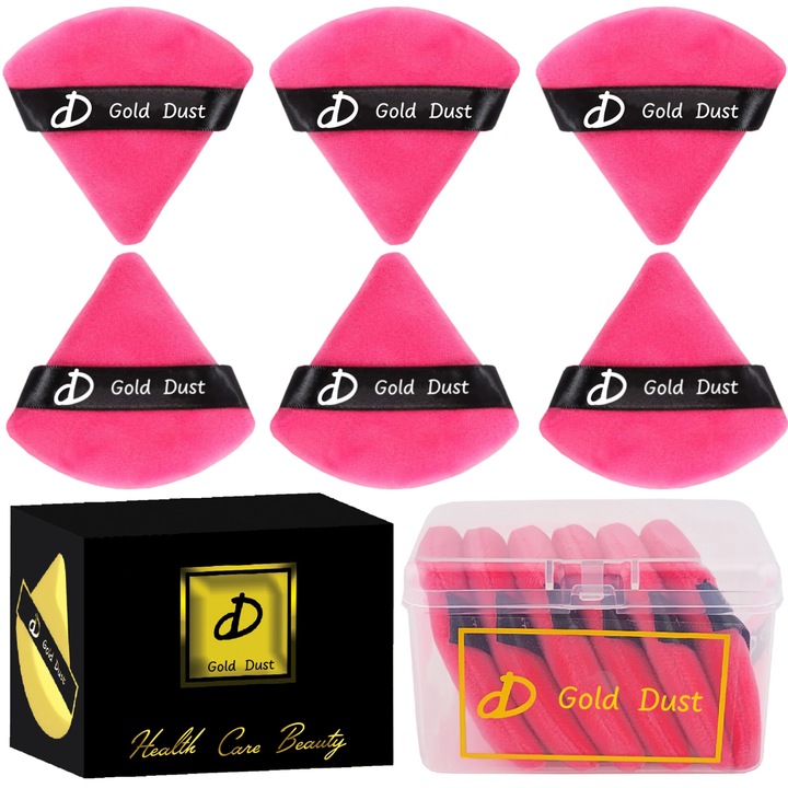 Set 6 bureti machiaj, Triunghi Reutilizabil Utilizare Uscata, Powder Puff, buretei pentru make-up, Cutie depozitare, Buretel pentru Pudra, Triunghiular, Gold Dust, Roz inchis