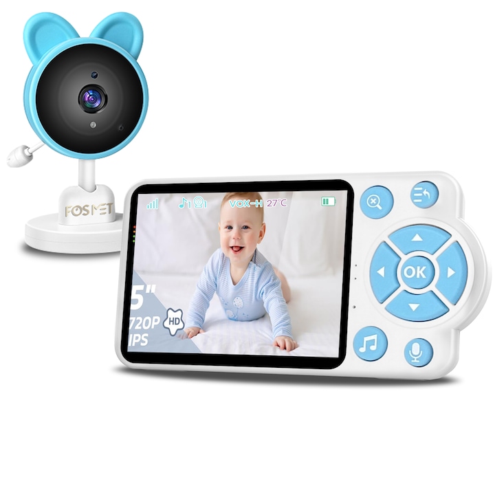FOSMET® WiFi Бебефон, 2.8" UltraHD нощно виждане, 2.4GHz двупосочен разговор, камера с 4X увеличение, 360° наблюдение, VOX режим, разпознаване на температурата, плачеща звукова аларма, музика за приспивна песен, напомняне за хранене, 2600mAh, син
