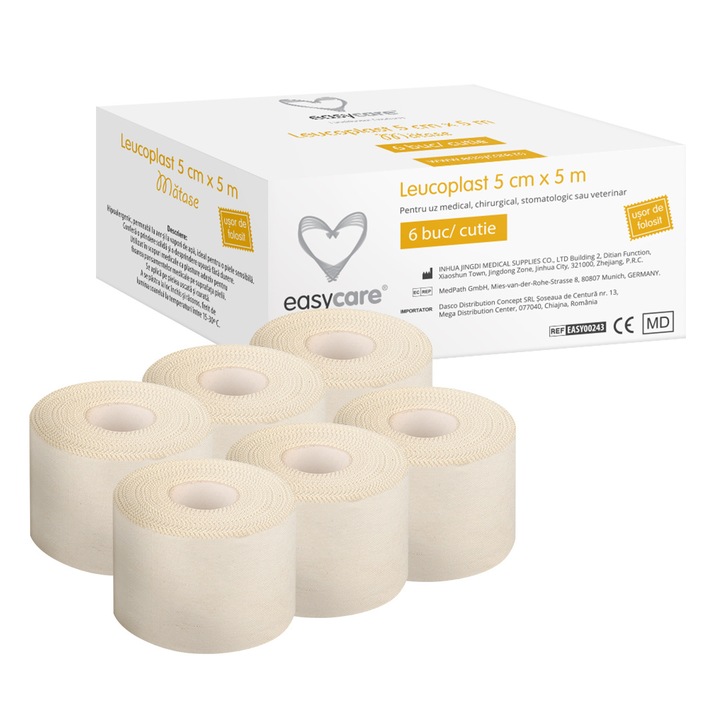 Лейкопласт Easycare, От коприна, За медицинска употреба, 5 см x 5 м, 6 ролки