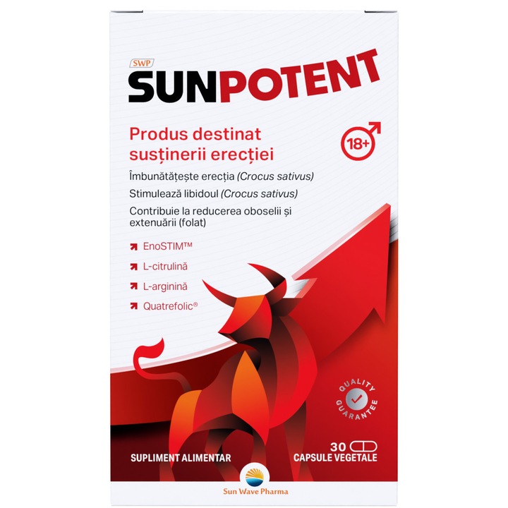 Sun Potent, Sun Wave Pharma, Extrat de Sofran pentru imbunatatirea erectiei, L-arginina, L-citrulina, 30 capsule