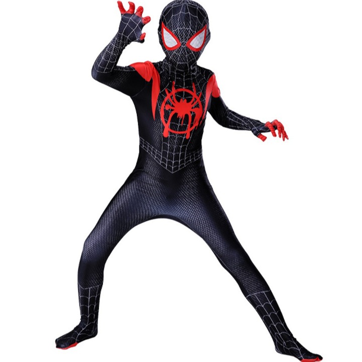 Costum Spiderman pentru copii, cu gluga, rosu/negru, 3-4 ani, 140 cm, set complet