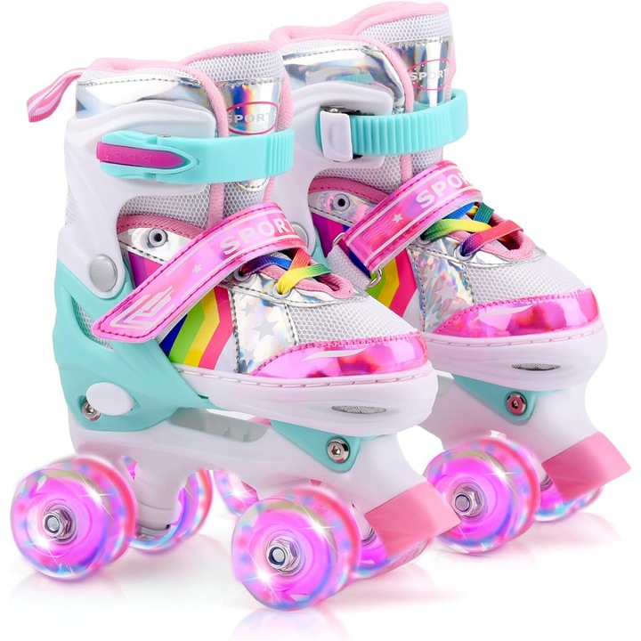 Ролери, За деца и възрастни, Регулируеми, Силиконови колела, Светлини, Лагери ABEC-7, Алуминий, Полиуретан, Размер S, Розов
