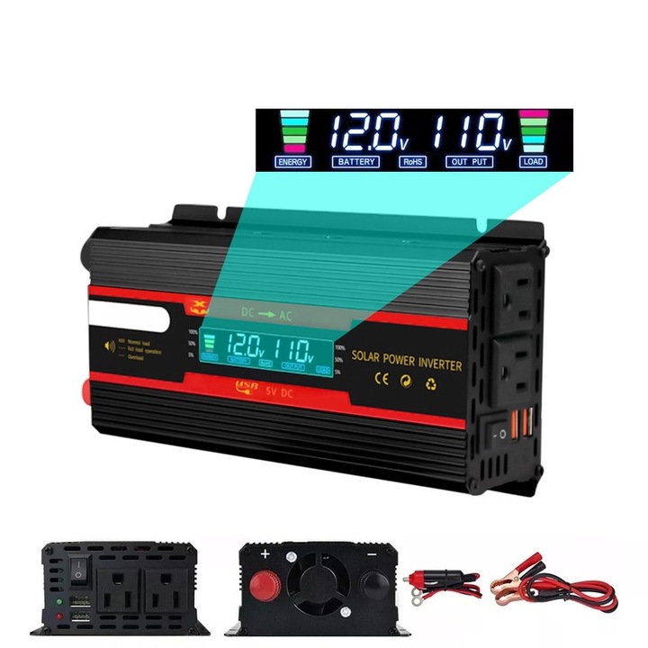 Автомобилен инвертор, Nantaisun, 12V/24V, 4000W, 2 AC контакта, 2 USB порта, LCD дисплей, 225x112x55mm