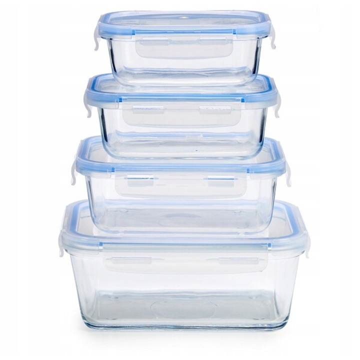 Set 4 recipiente pentru alimente, ARTE, Recipiente din sticla, Capac din plastic, Etans, Dreptunghiular, Capacitate 400ml/600ml/800ml/1700ml