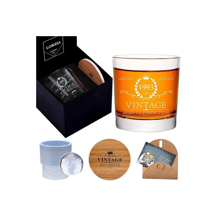 Set Pahar Whiskey Aged to Perfection 1983, include coaster, forma pentru bila de gheata si felicitare, 300 ml, Delpi