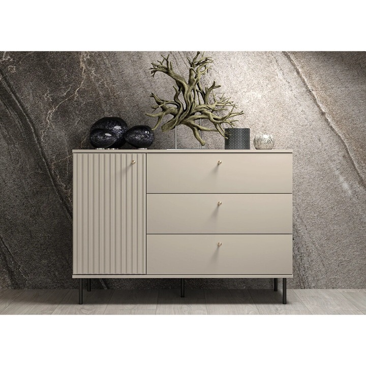 Скрин за хол/спалня/антре с 3 чекмеджета и 1 вратичка, мдф кашмир/кашмир с шарка, 120x85x40 см, абс ръбове, с рафтове, черни крака/златни копчета, модерен и елегантен дизайн