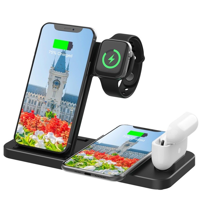 Incarcator wireless 4 in 1, Nantaisun, plastic, portabil, negru