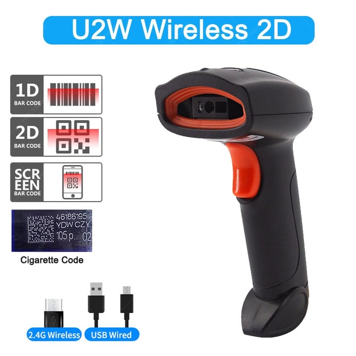 Cititor de coduri de bare 2D si 1D, Nantaisun, wireless, USB, negru