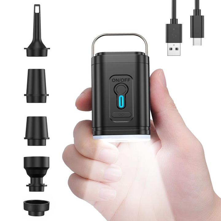 Pompa de aer electrica, 3 in 1, umflare / dezumflare / vidare, Baterie incorporata de 1200 mAh, Multifunctionala si Portabila, Reincarcare USB-C, Ultra usoara si Compacta, Mini, Lanterna LED de camping, 6 duze incluse, Negru