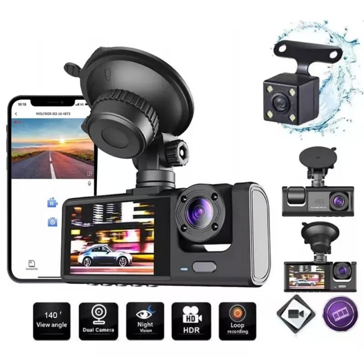 Camera tripla auto DVR, Nantaisun, 1080P, unghi larg 170°, negru